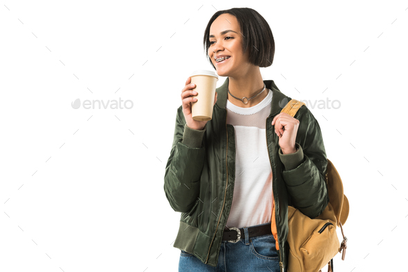 female african american student with backpack drinking coffee, isolated ...