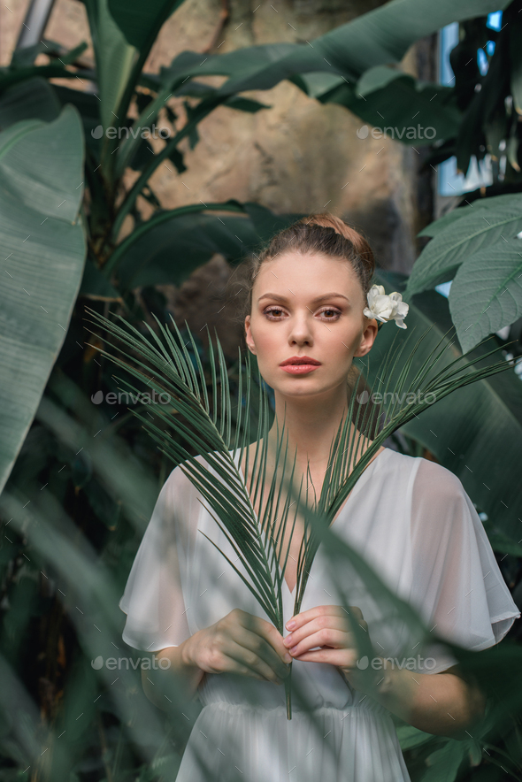 White dress outlet with palm leaves