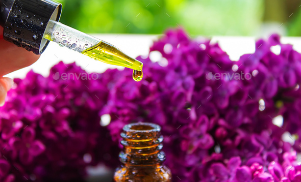Syringa lilac, essential oil. bottle of beauty oil with lilac flowers.  Stock Photo by solovei23