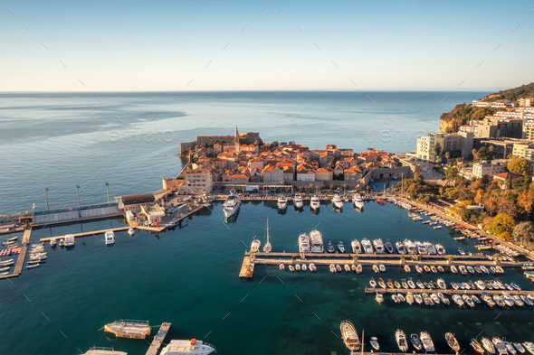 Panoramic view with the city of Budva in Montenegro - Stock Photo - Images