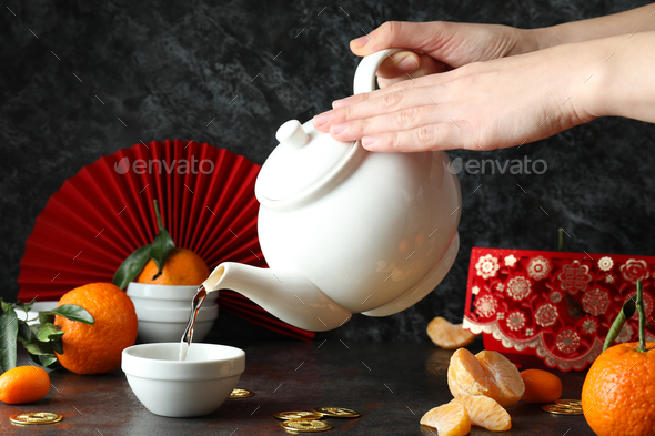 Concept of hot drink, asian tea accessories, isolated on white background  Stock Photo by AtlasComposer