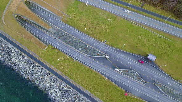 Top down aerial view of Ryfast in Norway. Underground road tunnel alt