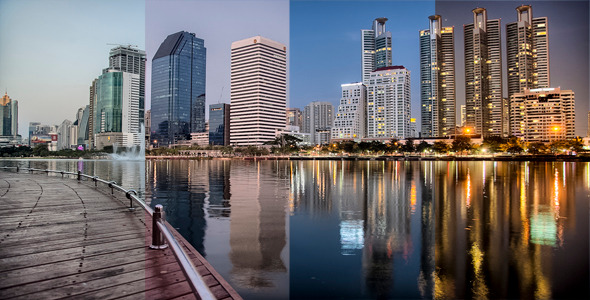 Day to Night Skyline Reflected Onto Water Time Lapse