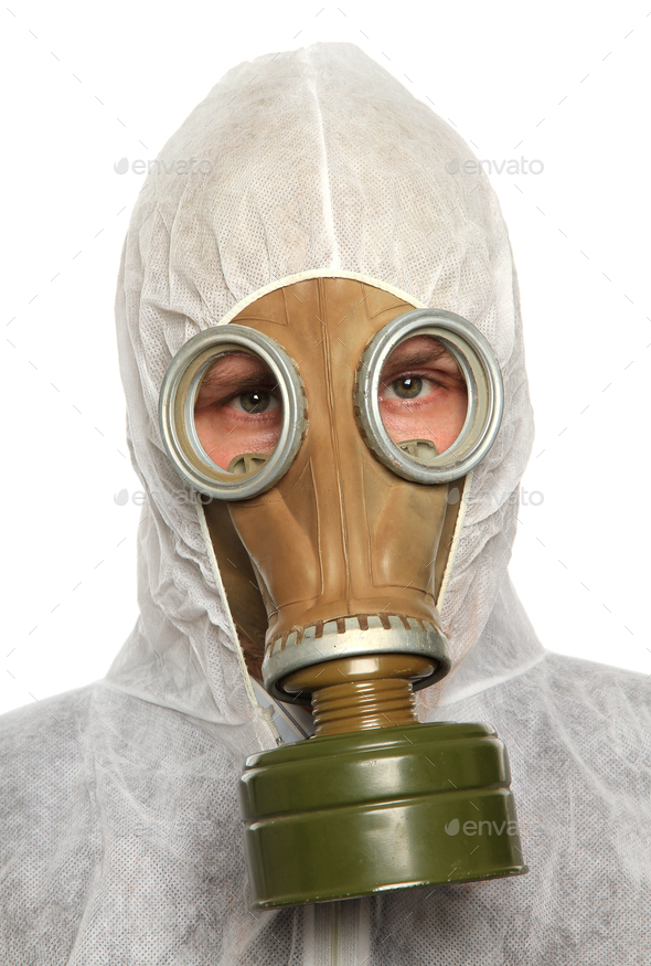 Portrait of a male in full protective clothing wearing a gas mask