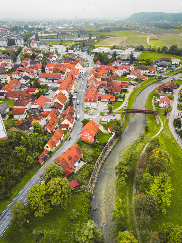 Vertical photo of a small town in the country side, old buildings in the town