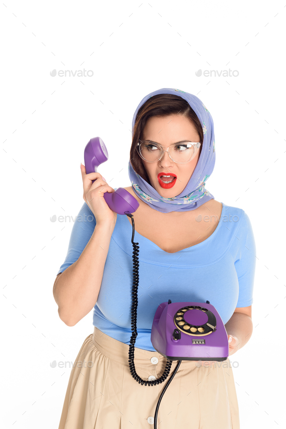 beautiful plus size model in eyeglasses holding rotary phone and ...