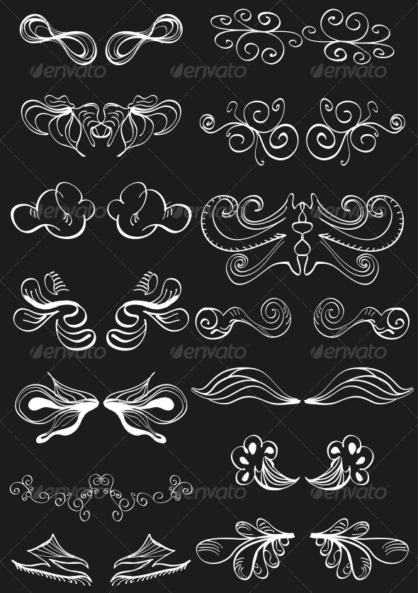 White Hand-drawn Banner Decorations on Black - Flourishes / Swirls Decorative