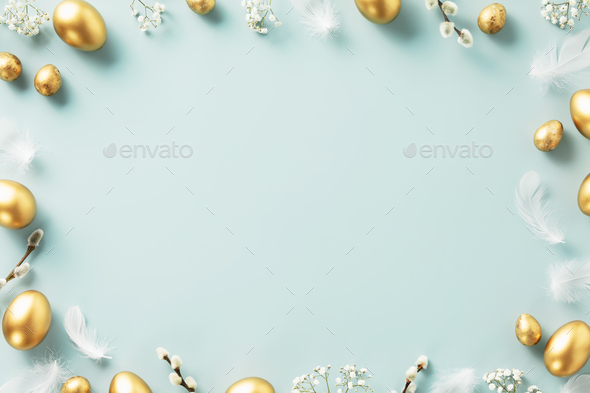 Happy Easter concept with golden easter eggs - Stock Photo - Images
