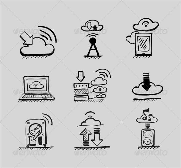 Hand-drawn Cloud Concepts - Vector Icon Set - Web Technology