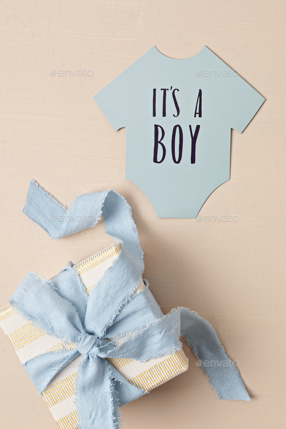 Baby shower, gender reveal party. It\'s a boy message over paper cut