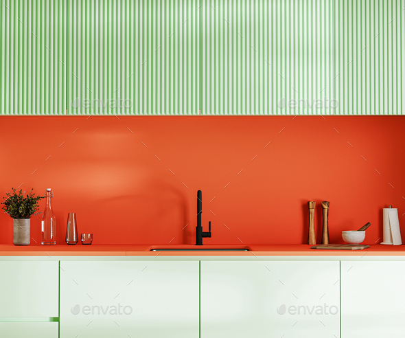 Kitchen interior in bright colours, black tap and sink, green  and orange cabinets, tools, 3d rende - Stock Photo - Images