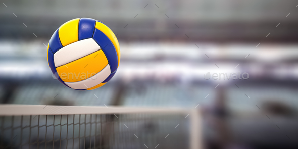 Volleyball ball and net in voleyball arena during a match. - Stock Photo - Images
