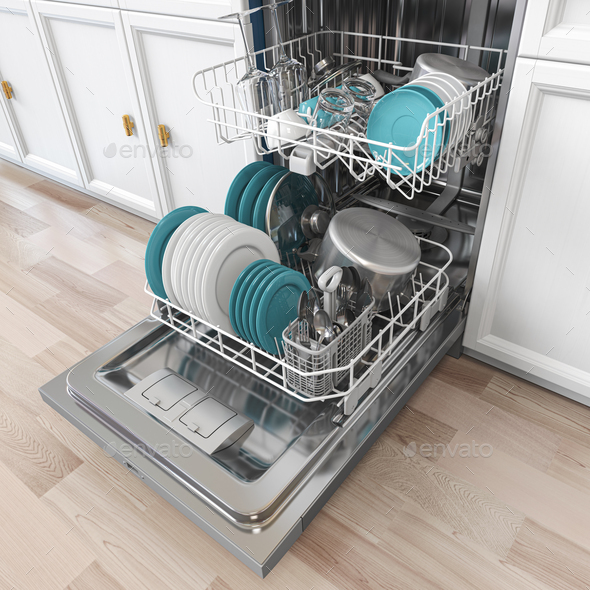 Open  dishwasher  with clean dishes inside in kitchen. - Stock Photo - Images