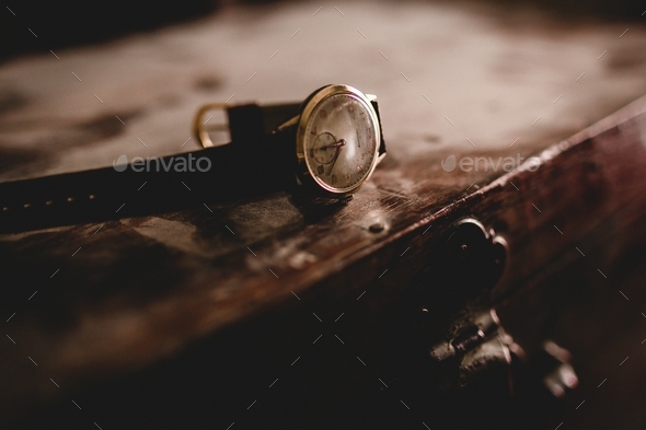Unique closeup shot of an old brown wrist watch