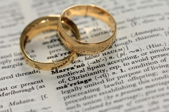 Closeup shot of two golden wedding wings on an open-up dictionary