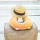 Suitcase,bag in airport terminal.Funny travel head neck airplane pillow.Boarding to flight.Happy  - PhotoDune Item for Sale