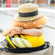 Funny suitcase,bag.Girl in airport terminal. Travel head neck airplane pillow.Boarding to  - PhotoDune Item for Sale