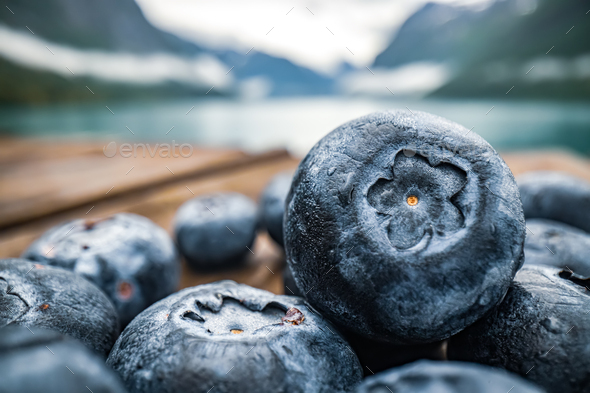 Blueberry antioxidants on a wooden table on a background of Norwegian nature. - Stock Photo - Images