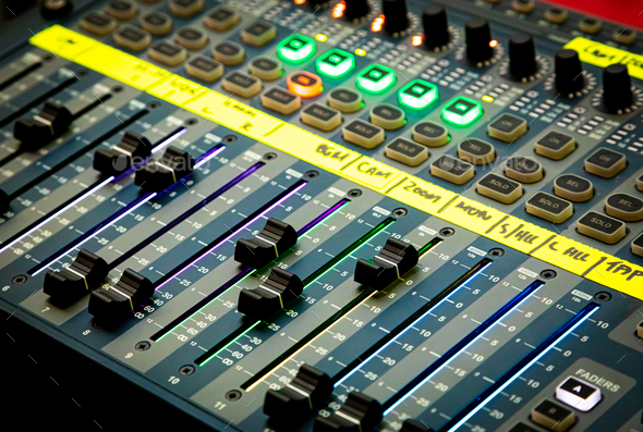 Closeup Shot Audio Sound Mixer Sliders Buttons Stock Photo by