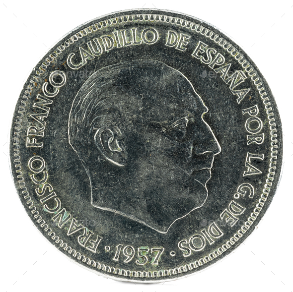 Old Spanish coin of 25 pesetas, Francisco Franco. Year 1957, 70 in the ...