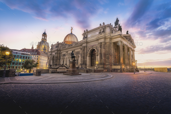 Bruhls Terrace at sunset with Dresden Academy of Fine Arts and Frauenkirche - Dresden, Germany