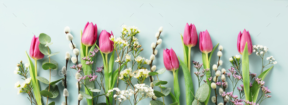 Bouquet of pink tulips flowers, eucalyptus, spring willow on pastel blue background - Stock Photo - Images