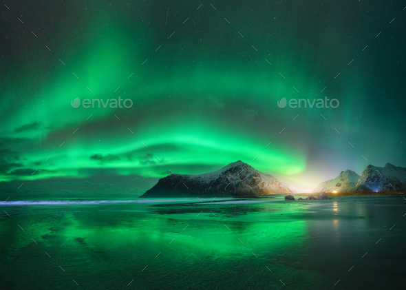 Beautiful Northern Lights in Lofoten Island in Norway. Aurora