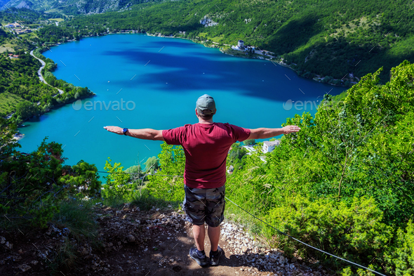 Scanno lake, Italy. Heart-shaped lake. - Stock Photo - Images