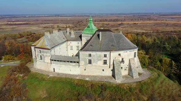 Aerial View of Haunted Castle of Olesko, Ukraine alt