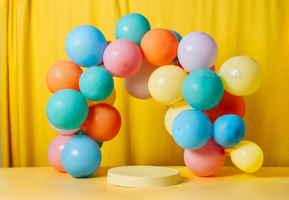 Minimal product podium stage with multicolor pastel color balloons in geometric shape - Stock Photo - Images