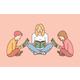 Mom and Kids Sit on Floor with Book and