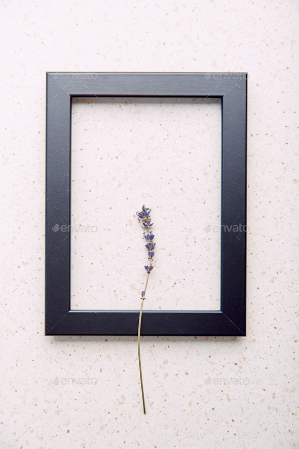 Empty interior black wall frame mockup, template with lavender. Aesthetic minimalist eco-friendly