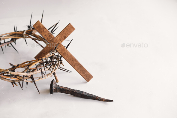 Jesus Crown Thorns and nails and cross on a white background. Easter Day