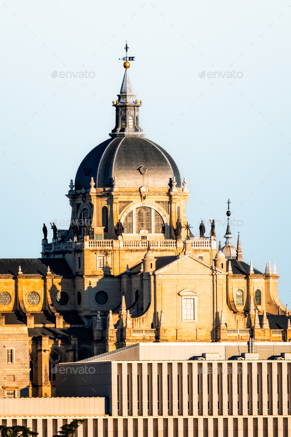 Almudena Cathedral of Madrid. Close-up view with telephoto lens - Stock Photo - Images