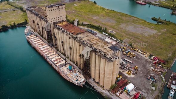 Drone shot of an abandoned ship in the Illinois International Port