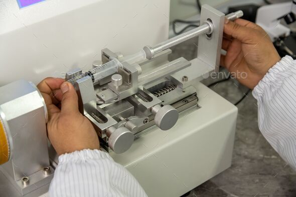 Closeup shot of hands working on a machine in a medical production warehouse for syringes