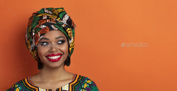 Authentic african woman looking at copy space, closeup, banner Stock ...