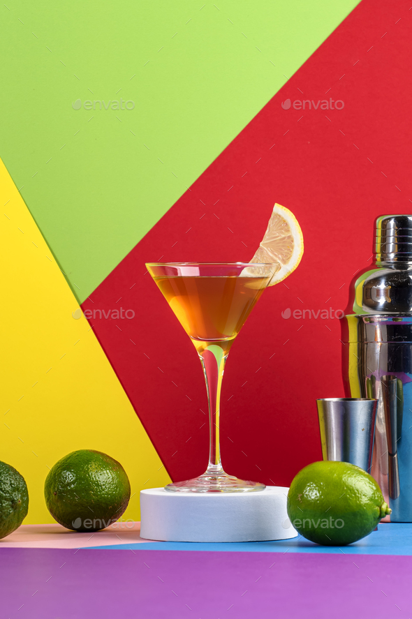 Yellow bird cocktail with white rum, liquor and lime juice in martini glass