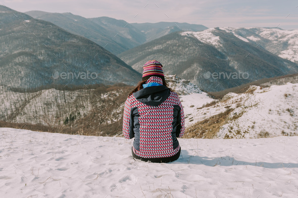Traveling in winter on a snowy mountain - Stock Photo - Images