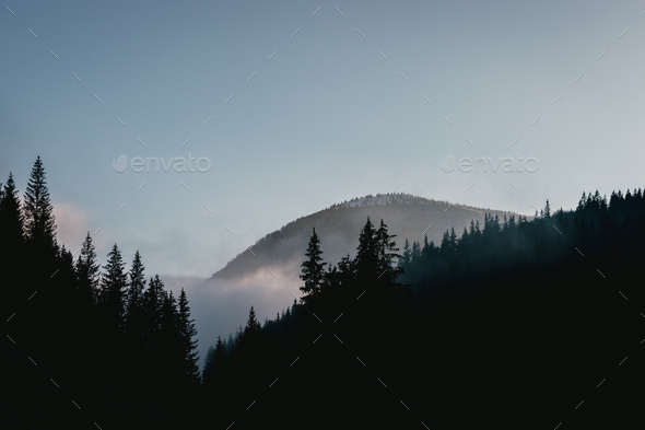 Landscape of a winter landscape with misty mountains - Stock Photo - Images