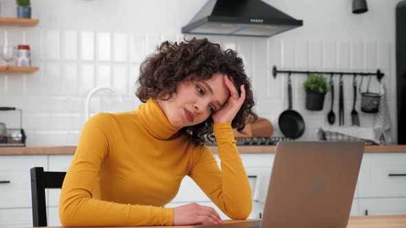Tired Thoughtful Businesswoman Thinking About Solving Problem Works for Laptop alt