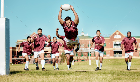 Rugby, athlete on field and sports game with men, team running and player score a try with ball, fi