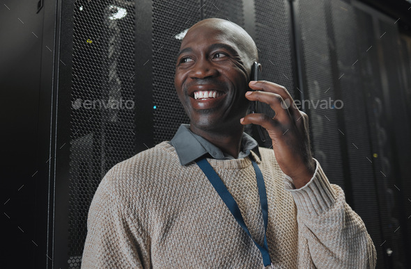 Server, phone call and man for system update, electrician networking power or cyber security backup