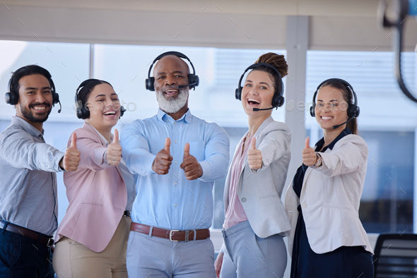 Portrait, call center and team with thumbs up, achievement and success with target, goals or client