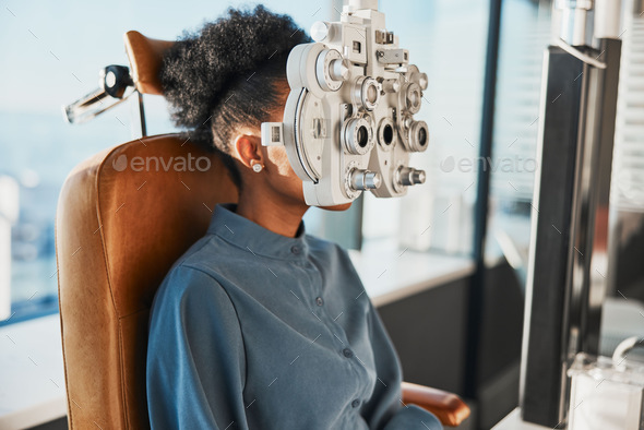 Healthcare test, eye exam and black woman in optometry clinic for testing, eyesight and optical ass