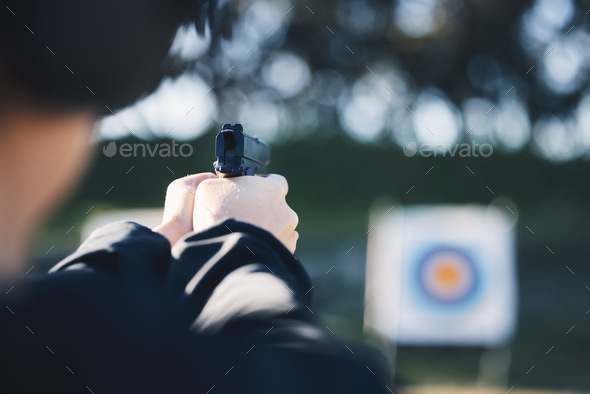 Firearm, target and person training outdoor at shooting range for game exercise or sports challenge