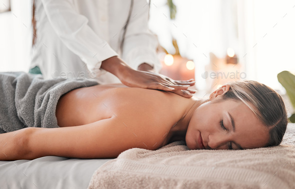 Hands, back massage with masseuse, women at holistic center or spa with wellness, physical therapy
