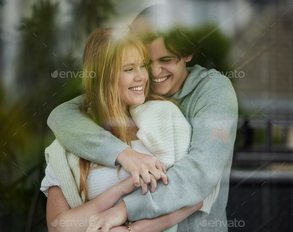 Couple Hug Happiness With Smile By Window And Love With Young People