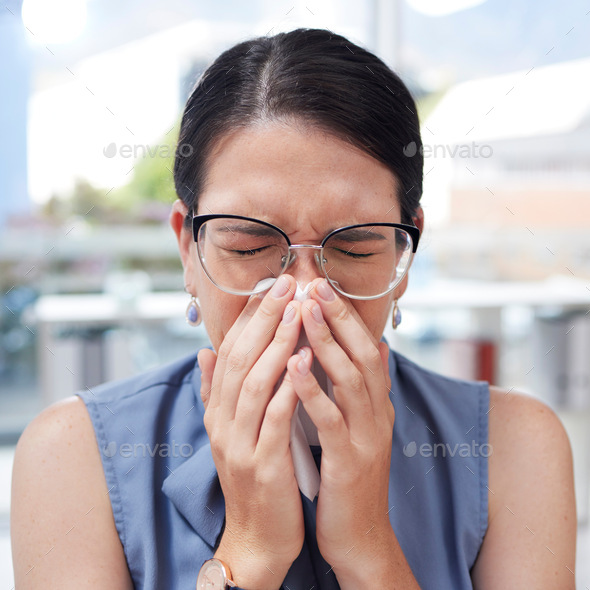 Business, flu and woman with tissue, sneeze and worker with health, wellness and illness in workpla