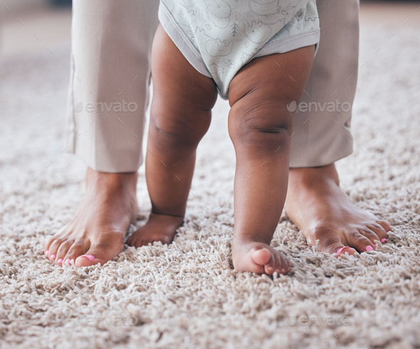 Baby feet, youth walking and kid learning with mother in living room lounge with mobility developme